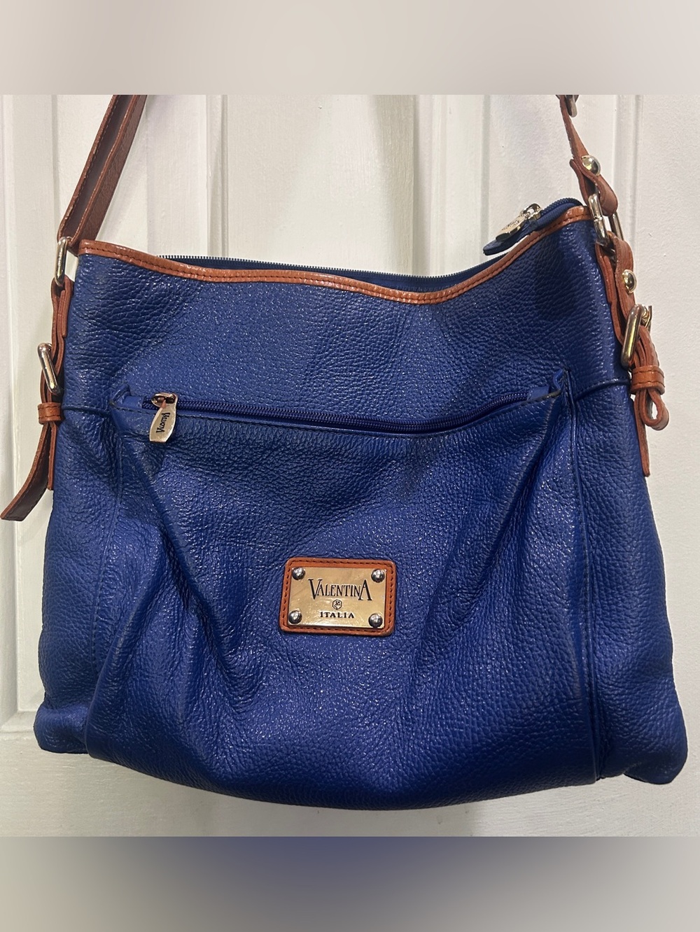 Valentina Deep Blue Leather Shoulder Bag with Brown Trim